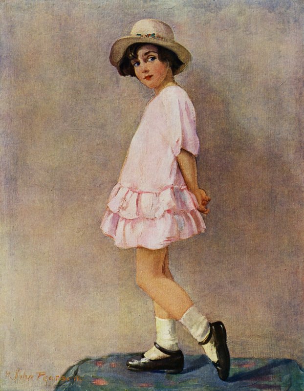 « Suis-je prête ? » - jeune fille se préparant à sortir (lithographie en couleur) - Harry J. Pearson