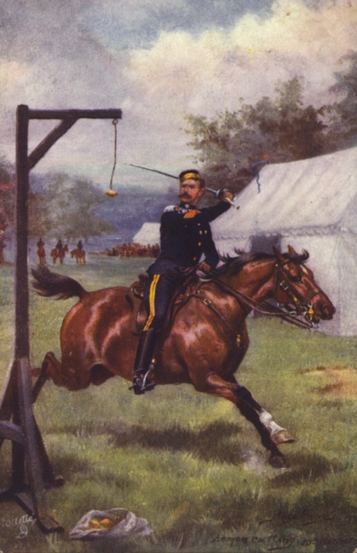 Soldat britannique du 10th Hussars coupant du citron (lithographie couleur) - Harry Payne