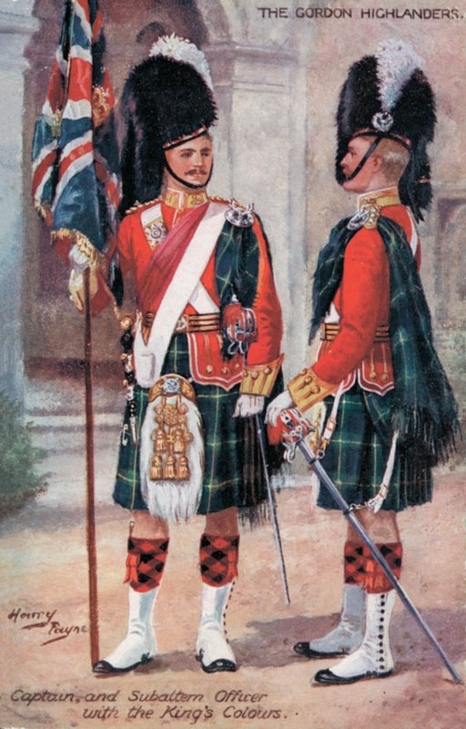 Les Gordon Highlanders, capitaine et officier subalterne, avec les couleurs du roi - Harry Payne