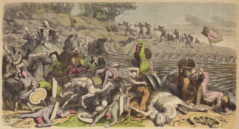 Phalange macédonienne en bataille avec les Perses (gravure en couleur) - Heinrich Leutemann