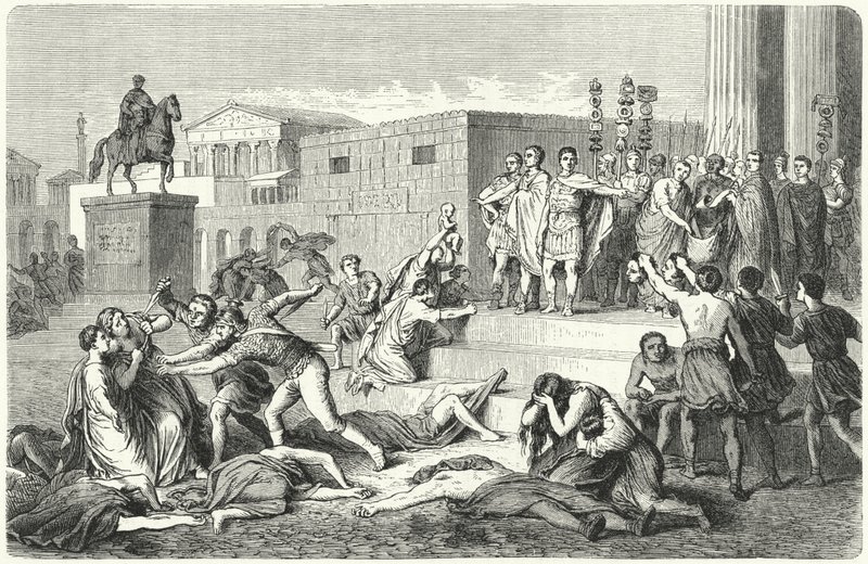 Le Triumvirat de Marc Antoine, Marcus Aemilius Lepidus et Octavien proclamant des proscriptions contre leurs ennemis politiques, 43 av. J.-C. - Heinrich Leutemann