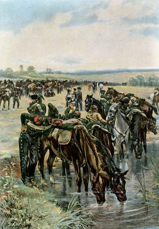 Le colonel Castex nourrit les chevaux avant une charge - Henri Louis Dupray