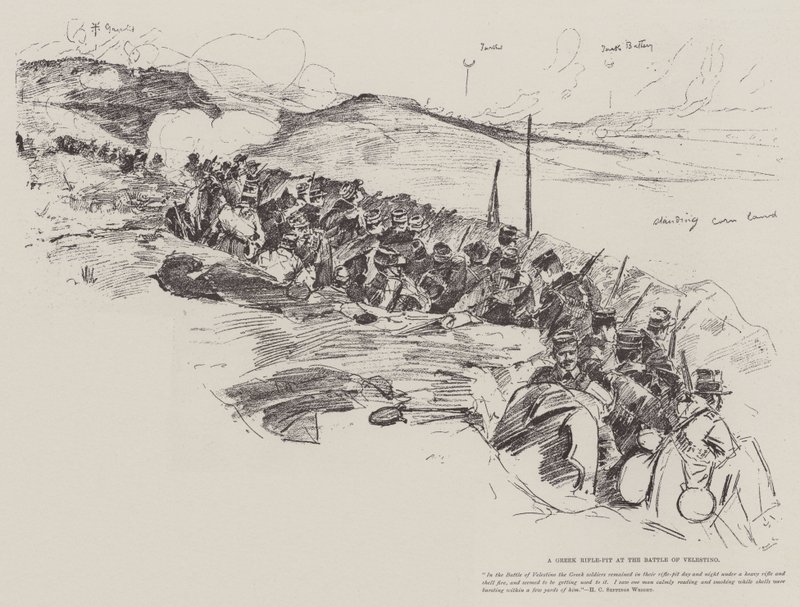Une tranchée grecque à la bataille de Velestino - Henry Charles Seppings Wright