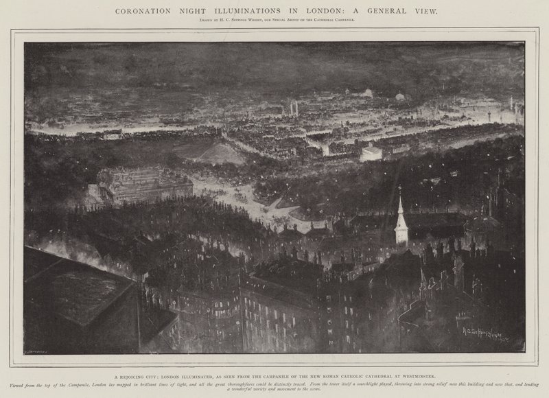 Illuminations de la nuit du couronnement à Londres, vue générale, une ville en fête, Londres illuminée, vue du Campanile de la nouvelle cathédrale catholique romaine à Westminster - Henry Charles Seppings Wright