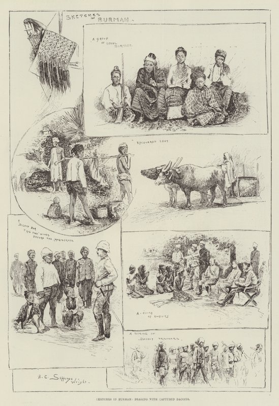 Croquis en Birmanie, traitant des dacoïts capturés - Henry Charles Seppings Wright