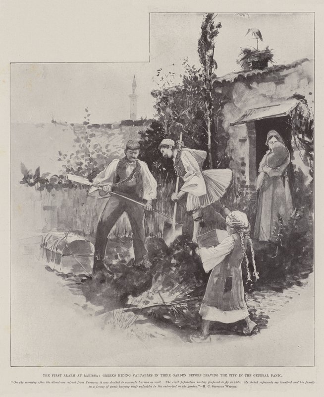 La première alarme à Larissa, les Grecs cachant des objets de valeur dans leur jardin avant de quitter la ville dans la panique générale - Henry Charles Seppings Wright