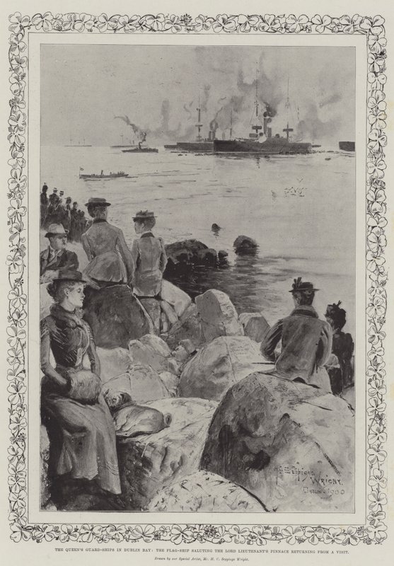 Les navires de garde de la reine dans la baie de Dublin, le navire amiral saluant la pinnace du lord lieutenant revenant d