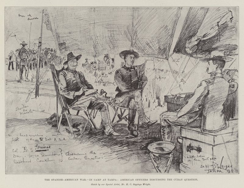 La guerre hispano-américaine, au camp de Tampa, officiers américains discutant de la question cubaine - Henry Charles Seppings Wright