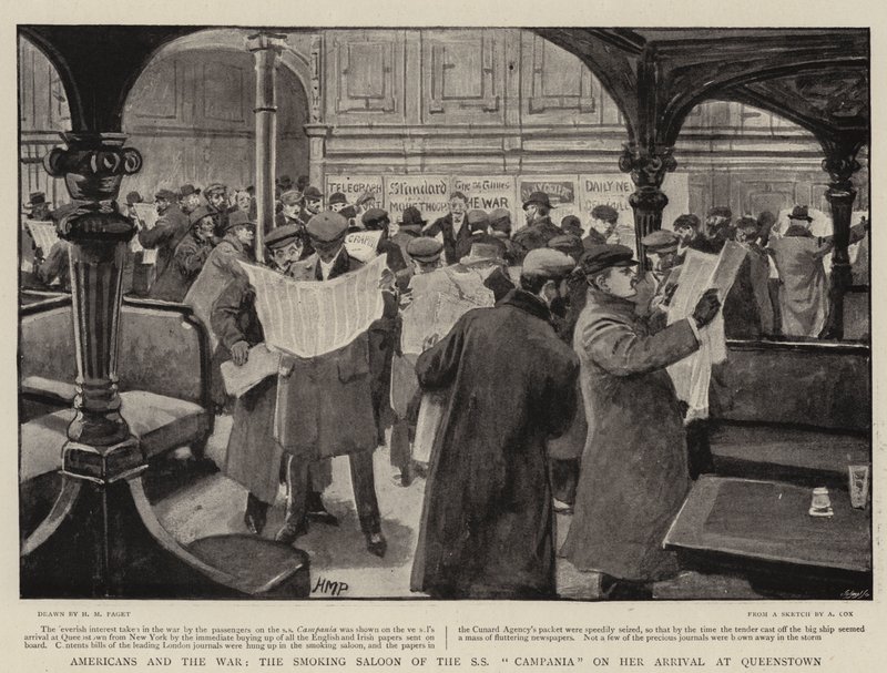 Les Américains et la guerre, le salon fumeur du SS Campania à son arrivée à Queenstown - Henry Marriott Paget
