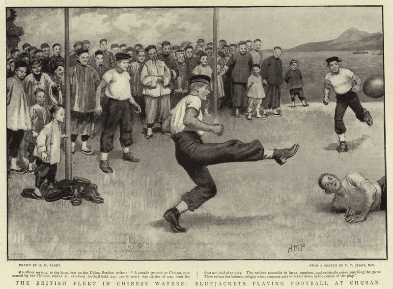La flotte britannique dans les eaux chinoises, les marins jouant au football à Chusan - Henry Marriott Paget