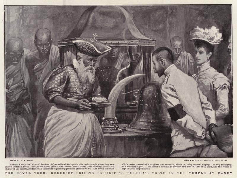 La tournée royale, prêtres bouddhistes exposant la dent de Bouddha dans le temple de Kandy - Henry Marriott Paget