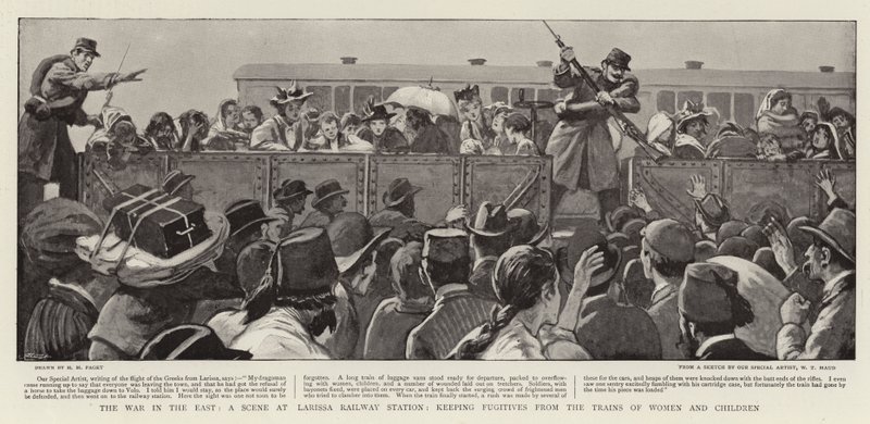 La guerre en Orient, une scène à la gare de Larissa, empêchant les fugitifs de monter dans les trains des femmes et des enfants - Henry Marriott Paget