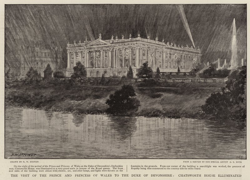 La visite du prince et de la princesse de Galles au duc de Devonshire, Chatsworth House illuminée - Henry William Brewer