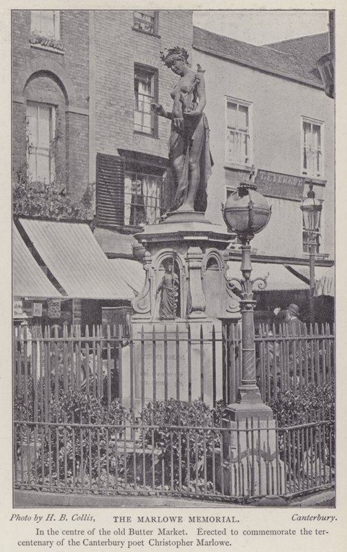 Mémorial au dramaturge et poète Christopher Marlowe, Buttermarket, Canterbury, Kent (photo n/b) - Henry Beauchamp Collis