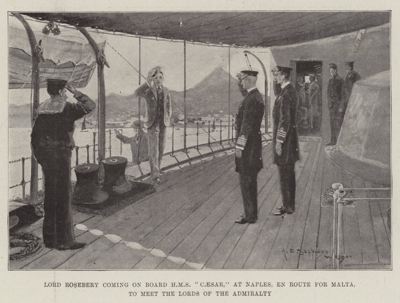 Lord Rosebery montant à bord du HMS Caesar, à Naples, en route pour Malte, pour rencontrer les Lords de l