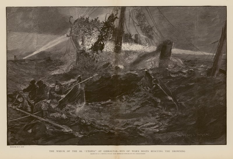 Sauvetage des noyés lors du naufrage du SS Utopia, Gibraltar (gravure) - Henry Charles Seppings Wright