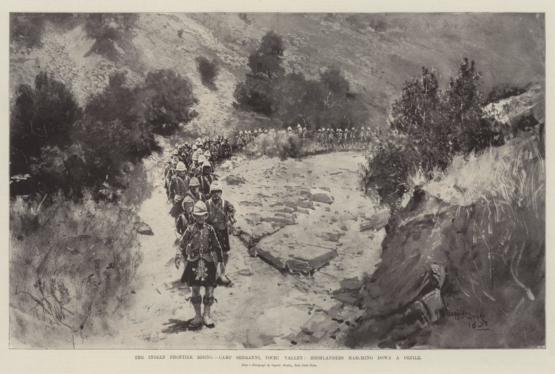 Le soulèvement de la frontière indienne, Camp Sheranni, vallée de Tochi, les Highlanders descendant un défilé - Henry Charles Seppings Wright