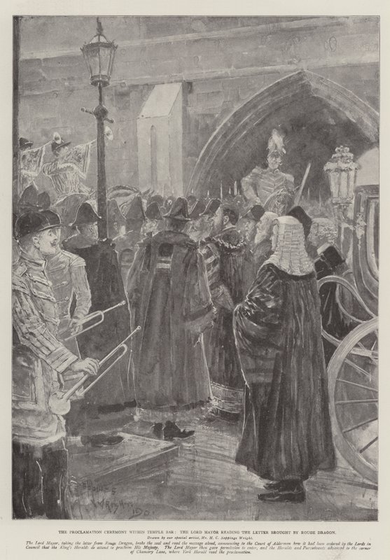 La cérémonie de proclamation à Temple Bar, le Lord Maire lisant la lettre apportée par Rouge Dragon - Henry Charles Seppings Wright