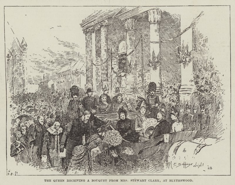 La Reine recevant un bouquet de Mme Stewart Clark, à Blythswood - Henry Charles Seppings Wright