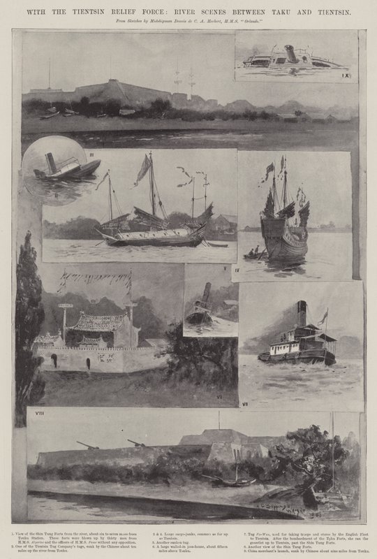 Avec la force de secours de Tientsin, scènes fluviales entre Taku et Tientsin - Henry Charles Seppings Wright