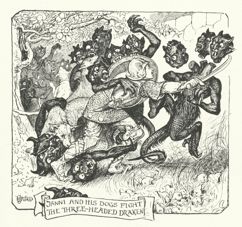 Janni et ses chiens combattent le dragon à trois têtes (gravure) - Henry Justice Ford