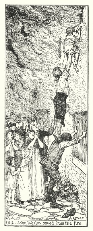 Le petit John Wesley sauvé du feu (lithographie) - Henry Justice Ford