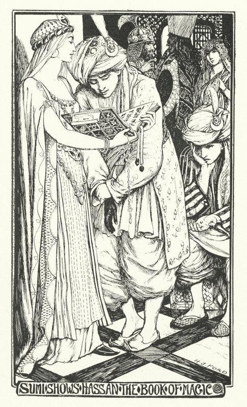 Sumi montre à Hassan le livre de magie (gravure) - Henry Justice Ford