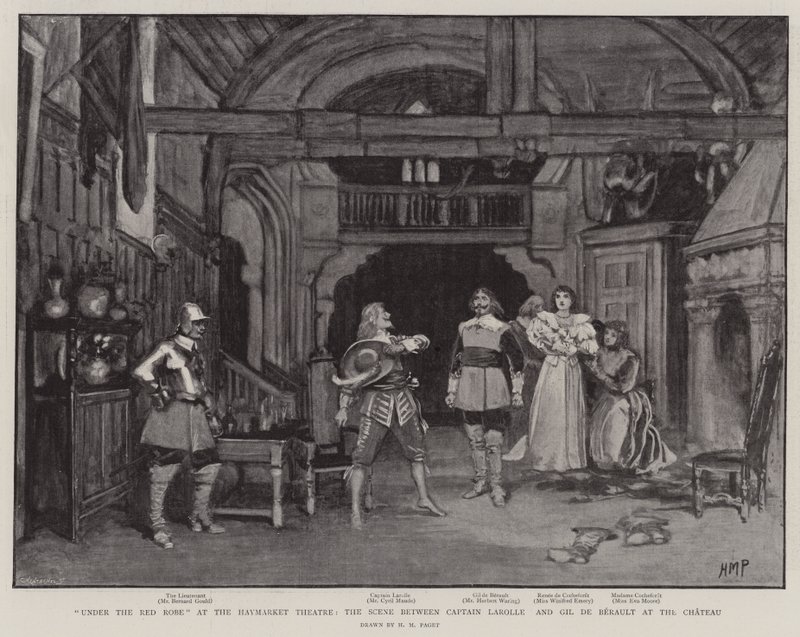 Sous la robe rouge au théâtre Haymarket, la scène entre le capitaine Larolle et Gil de Berault au château - Henry Marriott Paget