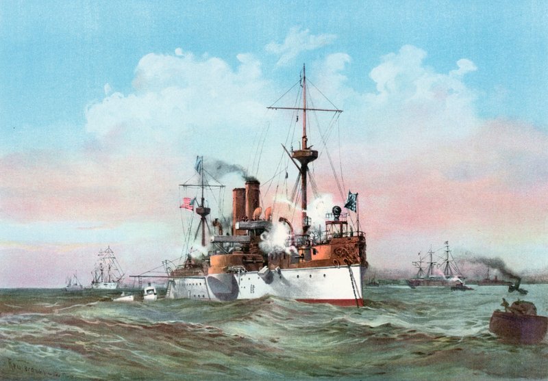 Le Maine saluant le navire amiral espagnol à son arrivée dans le port de La Havane - Henry Reuterdahl