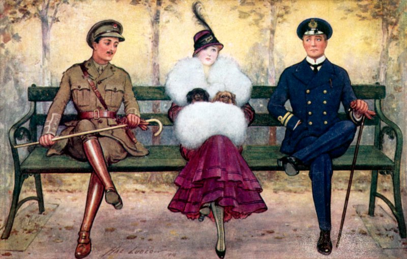 Fille sur un banc, avec un soldat et un marin de chaque côté - Henry Stephen Ludlow