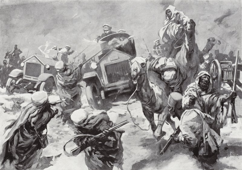 Le Duc de Westminster et ses voitures blindées se précipitent au secours des équipages naufragés saisis par les Senussi, Cyrénaïque, Afrique du Nord, 17 mars 1916 - Howard K. Elcock