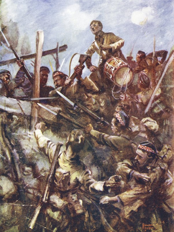 Le tambour Walter Ritchie debout sur le parapet ennemi pour sonner la charge, sous de lourdes attaques de mitrailleuses et de bombes, Beaumont Hamel, France, 1er juillet 1916 - Howard K. Elcock