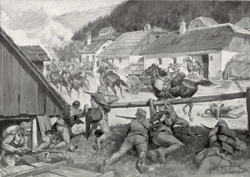 Des cosaques pillards surpris par des troupes hongroises dans un village hongrois - Hungarian School