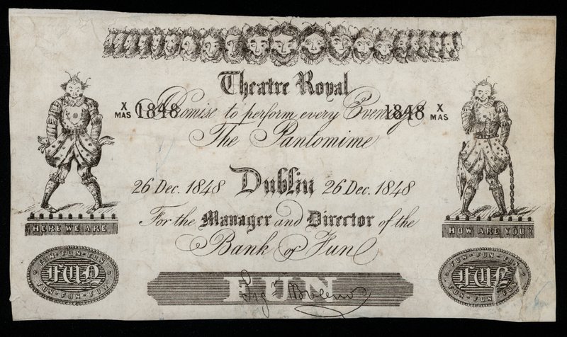 Publicité pour une pantomime au Theatre Royal, Dublin, basée sur un billet de banque de la Banque d