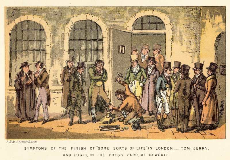 Symptômes de la fin de certains types de vie à Londres, Tom, Jerry et Logic, dans la cour de presse, à Newgate - Isaac, Robert and George Cruikshank