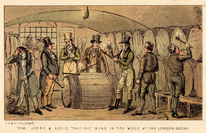 Tom, Jerry et Logic, dégustant du vin en fût, aux quais de Londres - Isaac, Robert and George Cruikshank