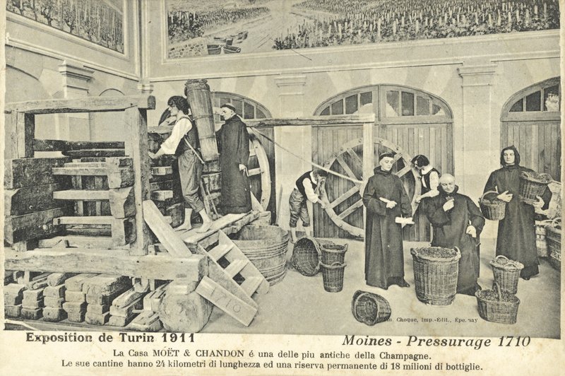 Moines pressant des raisins de Champagne en 1710, exposition à l
