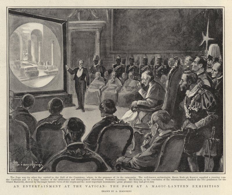 Un spectacle au Vatican, le pape à une exposition de lanternes magiques (litho) - Italian School