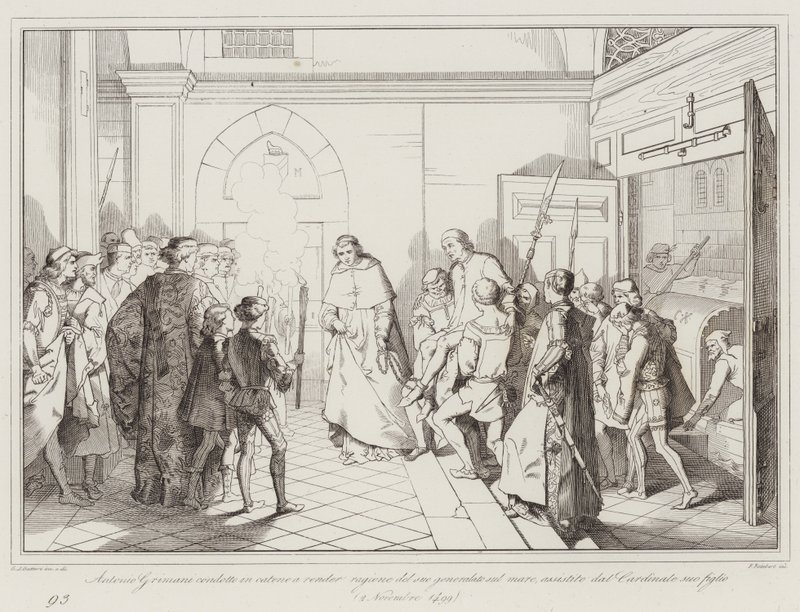 Antonio Grimani enchaîné pour rendre compte de son généralat sur mer (gravure) - Italian School
