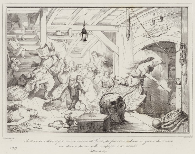 Bellisandra Maraviglia, tombée esclave des Turcs, met le feu à la poudre de guerre du navire où... - Italian School