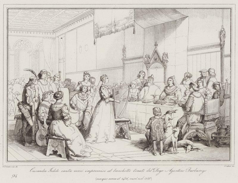 Cassandra Fedele chante des vers improvisés au banquet tenu par le Doge Agostino Barbarigo... - Italian School