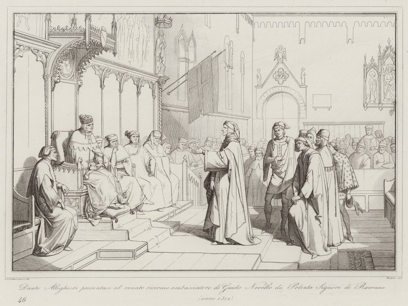 Dante Alighieri se présente au sénat comme ambassadeur de Guido Novello di Polenta, Seigneur de Ravenne - Italian School