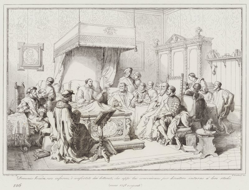 Domenico Veniero, rendu infirme, est réconforté par les lettrés qui le visitent - Italian School