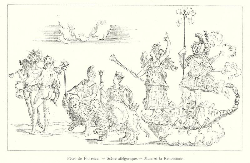 Fêtes de Florence, Scène allégorique, Mars et la Renommée (gravure) - Italian School
