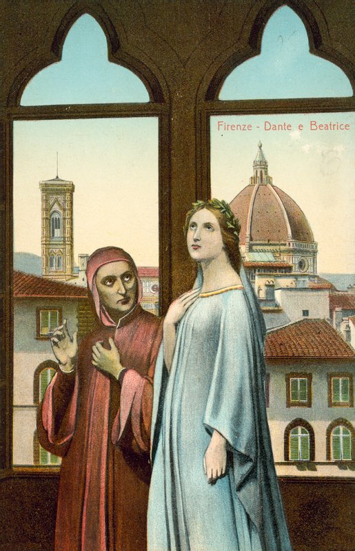 Florence, Dante et Béatrice (lithographie couleur) - Italian School