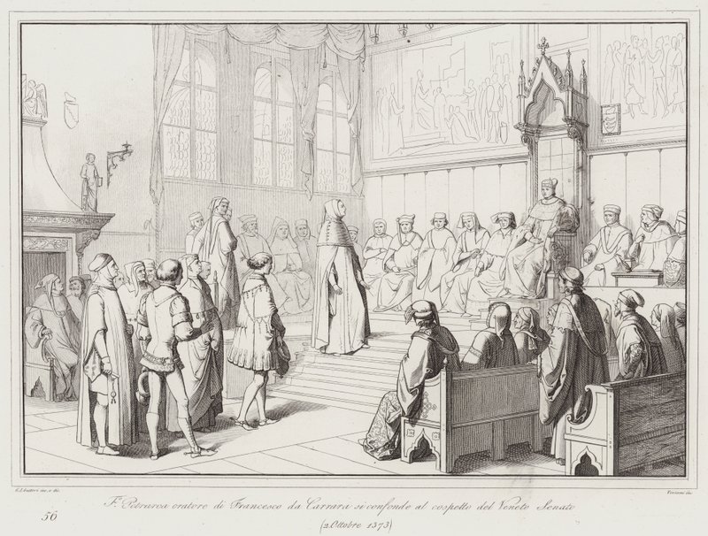 Francesco Petrarca, orateur de Francesco da Carrara, se confond devant le Sénat vénitien - Italian School