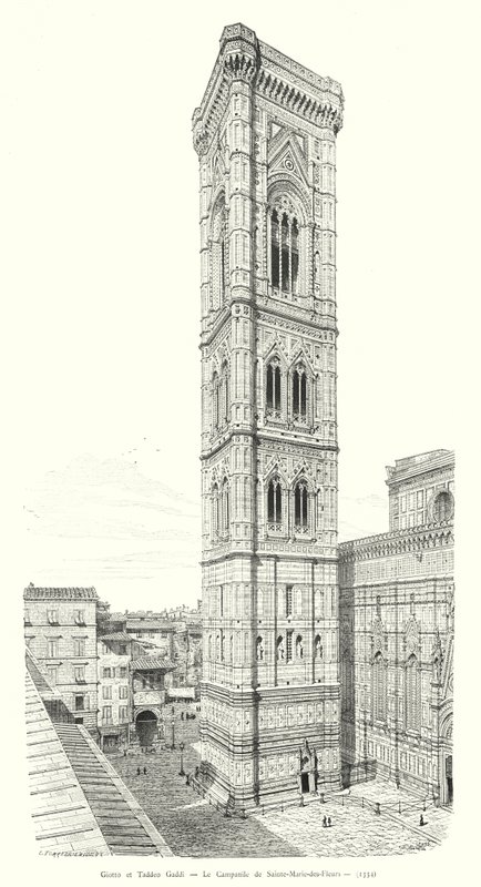 Giotto et Taddeo Gaddi, Le Campanile de Sainte-Marie-des-Fleurs (gravure) - Italian School