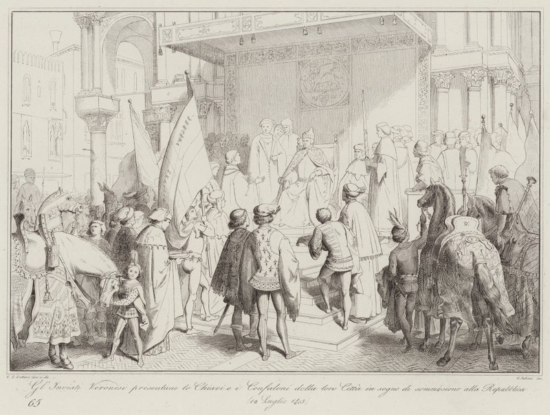 Les Envoyés Véronais Présentent les Clés et les Étendards de leur Ville en Signe de Soumission - Italian School