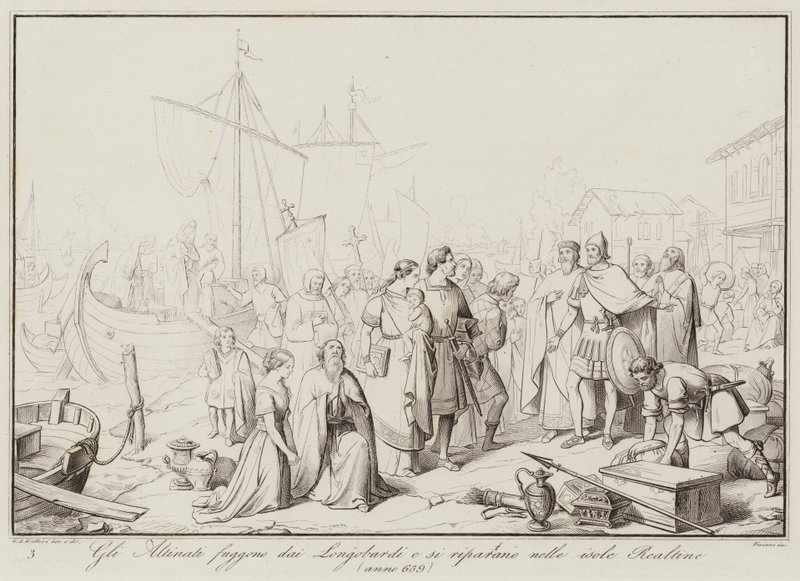 Les Altinati fuient les Lombards et se réfugient dans les îles Realtine, 639 (gravure) - Italian School