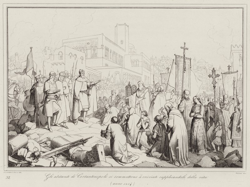 Les habitants de Constantinople se soumettent aux croisés en les suppliant pour leur vie - Italian School